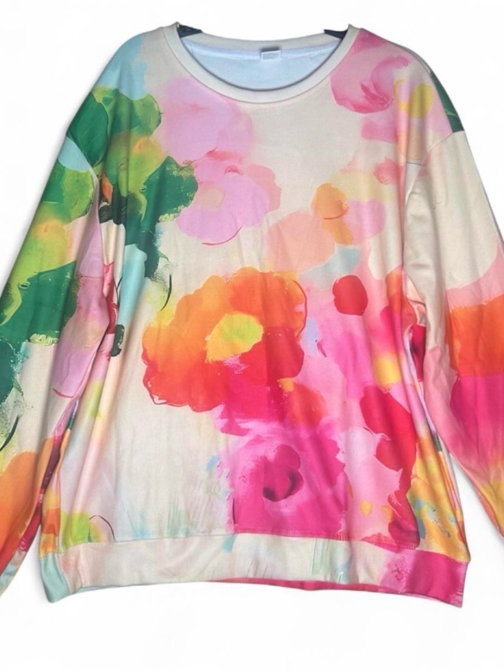 Plus size Floral Watercolor Crewneck Top - Pink Multi 2X lightweight